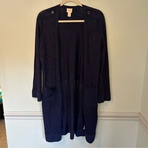 Chico’s Blue Knit Open-Front Long Sleeve Cardigan with Pockets Size 8
